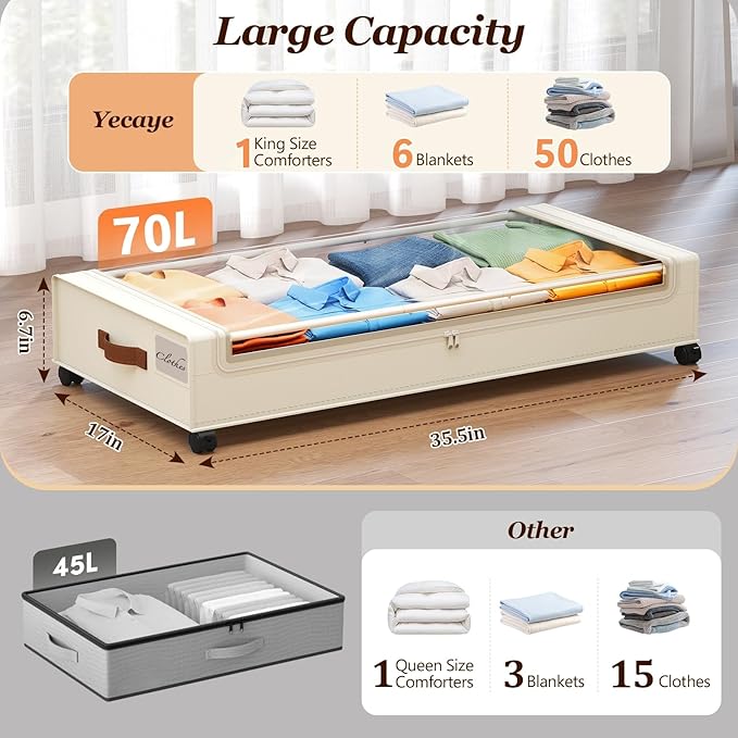 Yecaye Under Bed Storage with Wheels 2Pack, 70L Larger Capacity Under Bed Storage Containers, Underbed Shoe Storage Organizer, Rolling Under Bed Metal Drawers for Clothes, Blankets(35.5 x 17 x 6.7in)