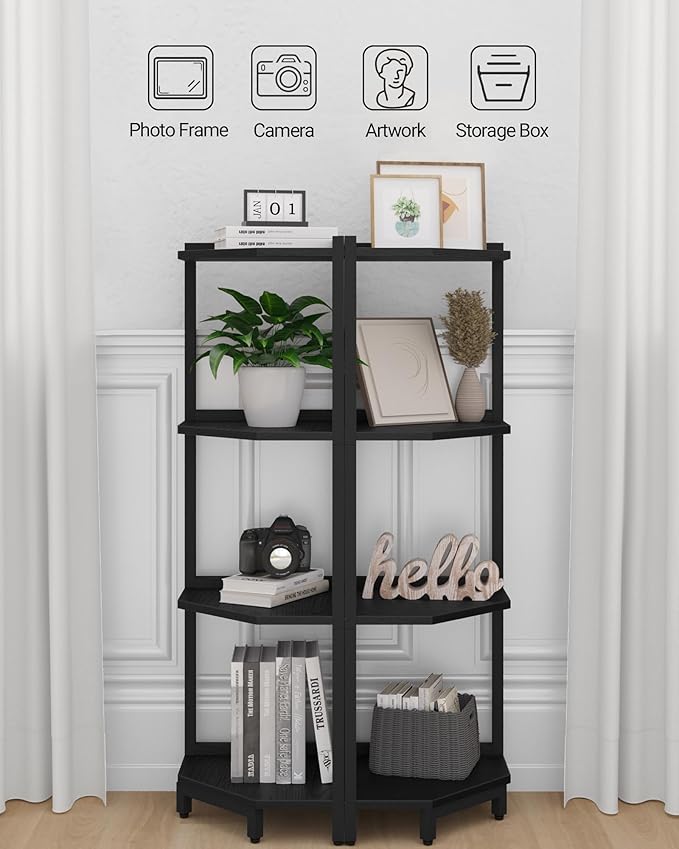 Corner Shelf Stand, Corner Bookshelf, Storage Standing Shelf Unit with Metal Frame, Plant Stand, Bookcase for Living Room, Home Office, Bedroom, 4-Tier Black CS05806B