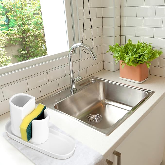 Geelin 3 in 1 Ceramic Kitchen Sink Caddy Dish Sponge Holder Scrub Brush Holder and Soap Tray for Kitchen Organizer White Rustic Farmhouse Supplies(White)