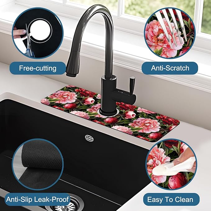 Blooming Peony Kitchen Sink Splash Guard Faucet Mat Pink Peony Flowers Super Absorbent Fast Drying Mat Sink Splash Guard Behind Faucet for Kitchen Bathroom, 15.5"x5.5"