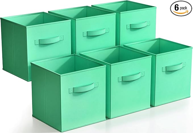 Sorbus Foldable Storage Cubes - 6 Fabric Baskets for Organizing Pantry, Closet, Shelf, Nursery, Playroom, Toy Box, Cubby - 11 Inch Dual Handle Collapsible Closet Organizers and Storage Bins (Teal)