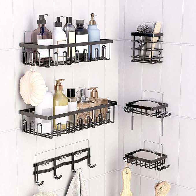 HAOBAOBEI 4 Pack Shower Shelf Adhesive Replacement, No Drilling Transparent Adhesive Hooks Stickers, Strong Wall Hook Strip for Shower Caddy Basket and Bathroom Shelf, Kitchen Racks (3 Hooks)