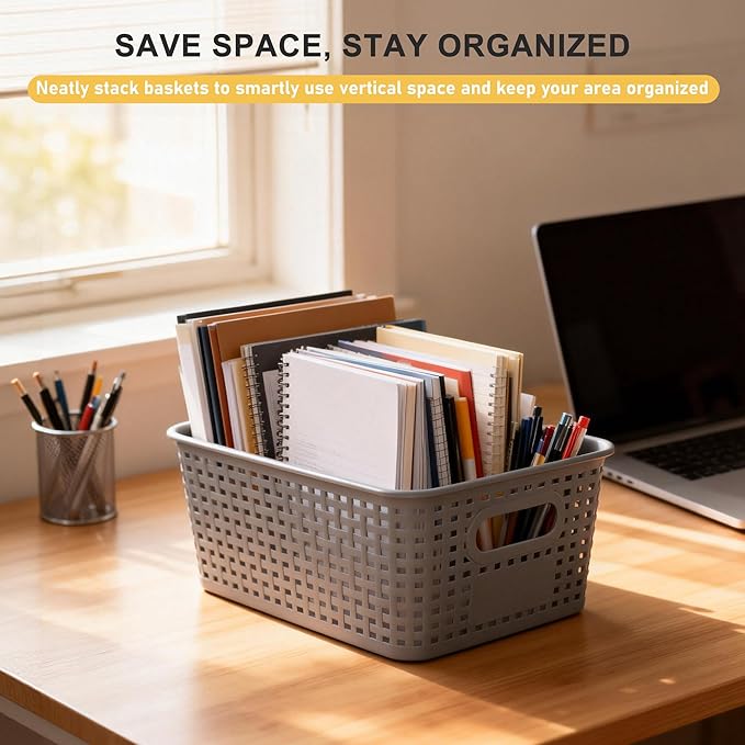 AREYZIN Plastic Storage Bins with Lid,Stackable Storage Bins and Storage Baskets for Shelves,Small Baskets for Organizing, Small Storage Bins,10.2x7.2x4.1 Inch,6-Pack, Gray