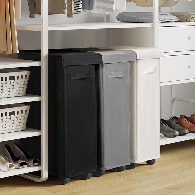 Chrislley Slim Laundry Hamper with Wheels, 45L Narrow Rolling Laundry Basket with Lid, Foldable Dirty Clothes Hamper Portable Skinny Hamper Storage Bins for Dorm, Bedroom (black)
