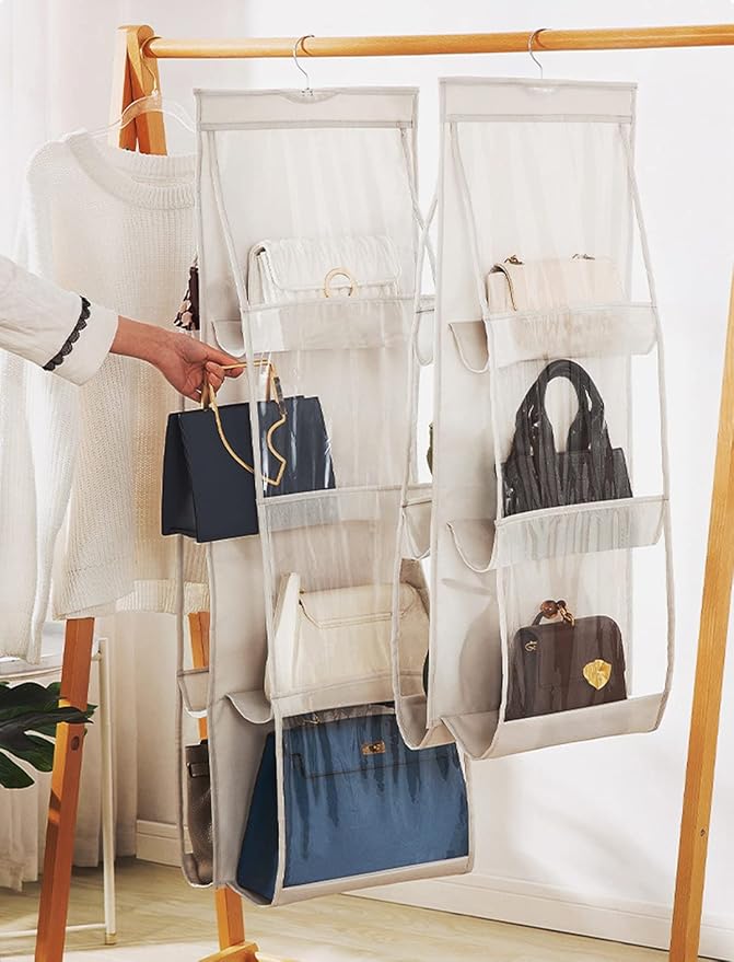 AARAINBOW 2 Packs Hanging Handbag Purse Organizer for Closet, 8 Pockets Space Saving Purse Storage Organizers, Wardrobe Bag Organizer Pocketbook Organizer, 45.7 L x 14.1W (2 Light Gray)