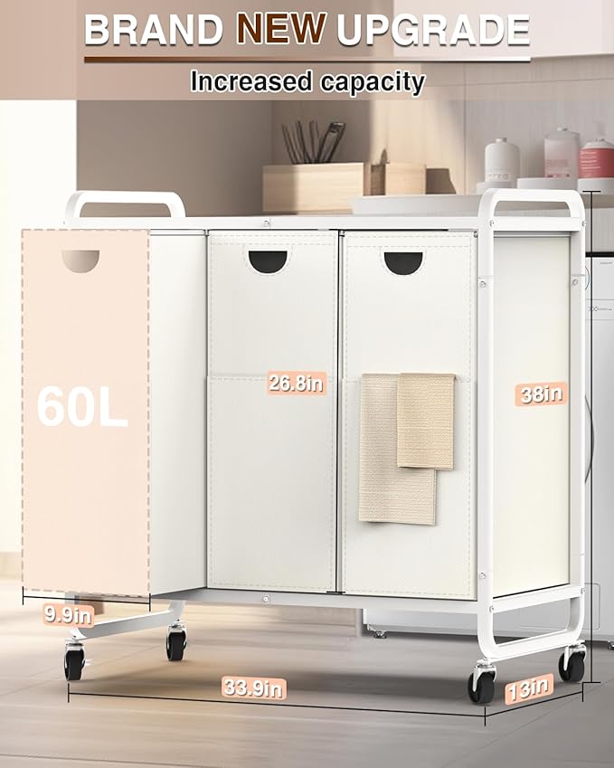 Laundry Sorter 3 Section,Laundry Basket with Wheels,3×15.8 Gal (60L) Laundry Hamper Organizer with Large Wooden Desktop Sorter,Pull-Out and Removable Laundry Bags (Creamy White, 3 Bags - 180L)