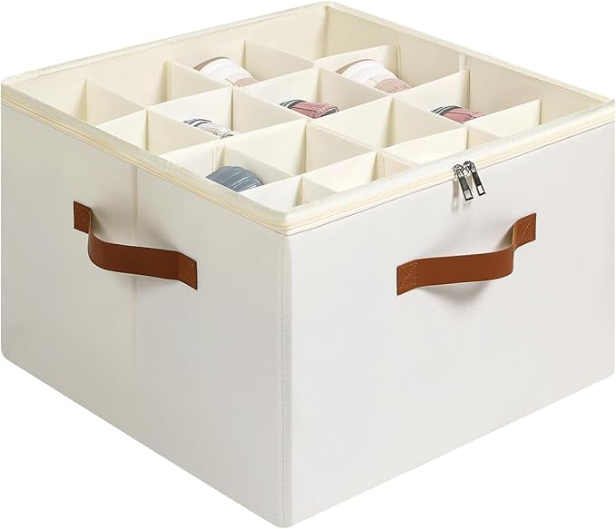 Fabric Shoe Organizer for Closet, Foldable Shoe Storage Bins with Clear Cover, Shoe Container with Adjustable Dividers, Fits up to 16 Pairs, White