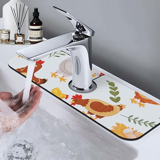 Faucet Draining Mat For Kitchen Sink, Cute Rooster Diatom Mud Absorbent Drain Pad For Bathroom Kitchen Sink Splash Guard Drying Mat