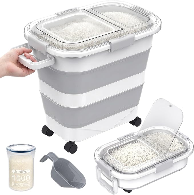 25-35Lbs Rice Container,Collapsible Food Storage Containers with Transparent Airtight Lid,Wheels,Rice Storage Container with Small Bin and Scoop,Rice Dispenser for Flour Sugar Cereal Grain Dog Cat