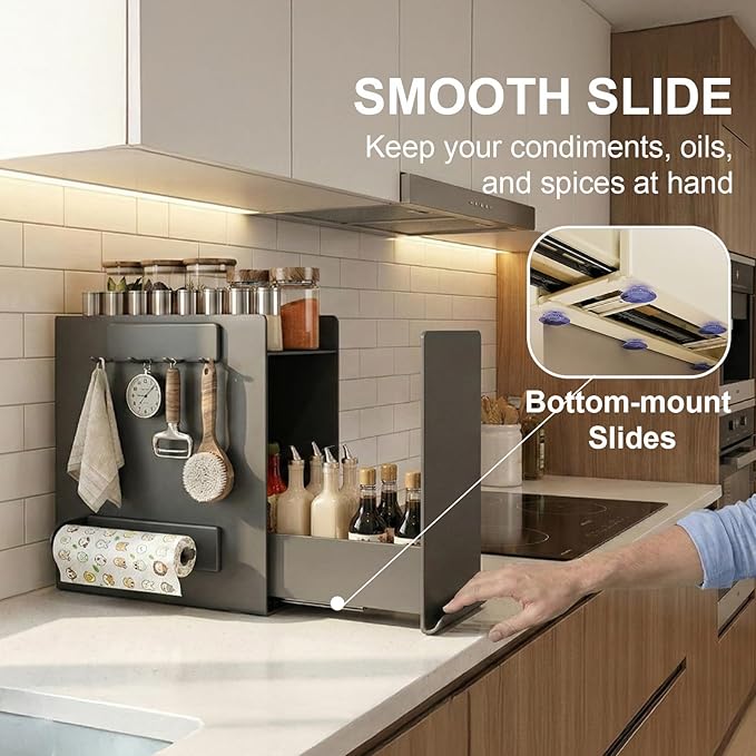 2 Tier No Assembly Pull Out Spice Rack Countertop, Sliding Drawer Seasoning Condiments for Tall Bottles, Steel Kitchen Organizer with Magnetic Panels with Paper Towel Holder and 4 Hooks
