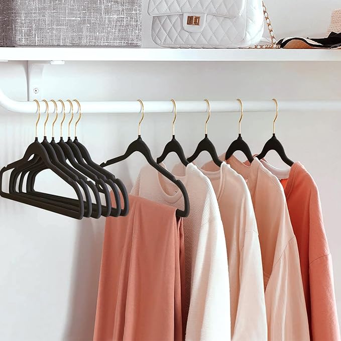ManGotree Velvet Coat Hangers with 360° Swivel Gold Hook, Non-Slip Felt Suit Hangers, Slim Space Saving Clothes Hanger for Jacket, Sweater, Shirt, Dress, Pants (22 Pack, Black)