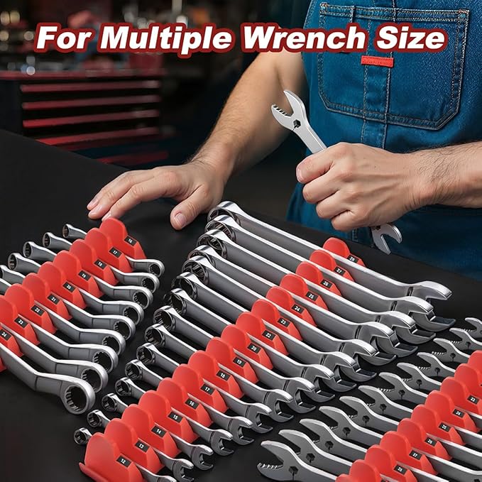 32PCS Magnetic Wrench Organizer - Modular Wrench Holder Set for Tool Drawer Storage, With Metric & SAE Labels, Tool Holder for DIY Mechanics, Fit for Screwdriver, Ratchet, Widget - Red