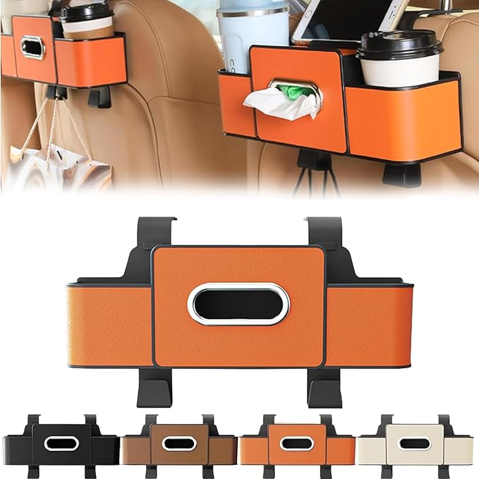 3-in-1 Car Back Seat Organizer with Cup Holder, Multifunctional Car Seat Back Organizer and Storage Box, with 2 Cup Holders, Tissue Box and Hook, for Hold Phone,Snacks, Drinks, Handbag (Orange,2PCS)
