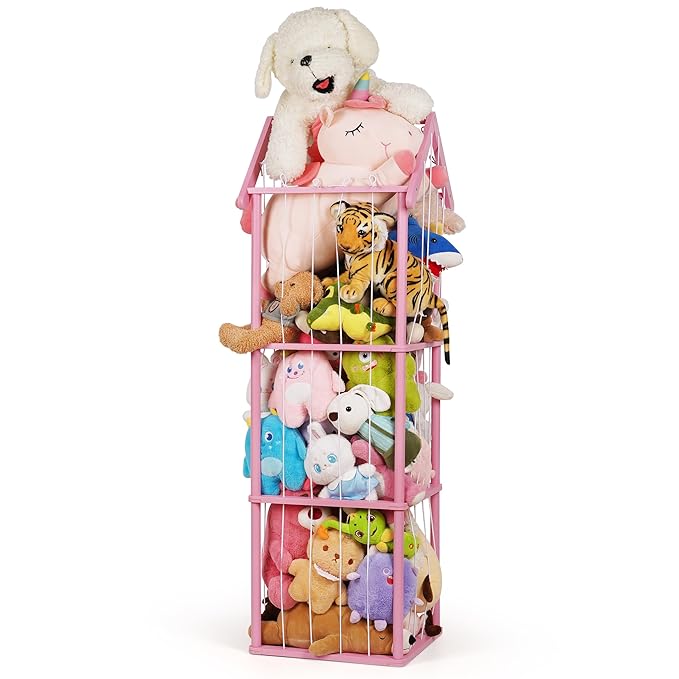 Stuffed Animal Storage, Space Saving Vertical Stuffed Animal Holder Wood, Easy Assembly Cottage-Style Plush Toys Organizer for Kids Bedroom & Playroom (Pink, Large)