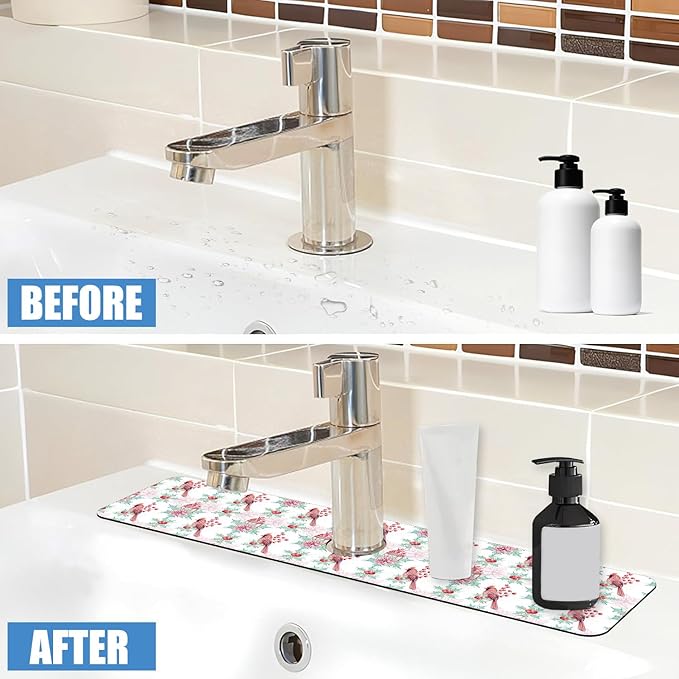 Chrismas Sink Splash Guard Faucet Mat Cute Christmas Absorbent Fast Drying Mat Sink Gadgets Splash Guard Behind Faucet Drip Catcher for Kitchen Bathroom 23.5"X5.5"