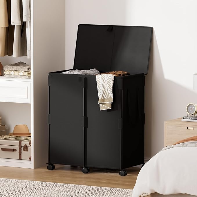 Chrislley 140L Large Double Laundry Hamper with Lid and 6 Wheels, Rolling Laundry Basket with 2 Removable Bags, Heavy Duty Metal Frame Laundry Cart, Dirty Clothes Hamper for Bathroom, Bedroom (Black)