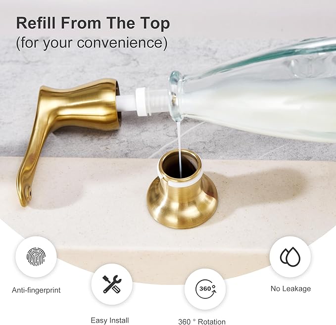 GAGALIFE Kitchen Sink Soap Dispenser Gold, Built in Soap Dispenser with 17 OZ Bottle, Refill from The Top, Liquid Dispenser for Kitchen Sink
