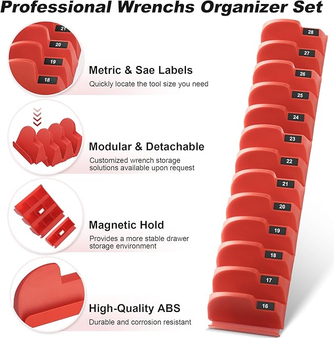 32PCS Magnetic Wrench Organizer - Modular Wrench Holder Set for Tool Drawer Storage, With Metric & SAE Labels, Tool Holder for DIY Mechanics, Fit for Screwdriver, Ratchet, Widget - Red