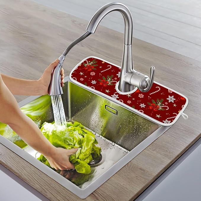 2 Pack Sink Splash Guard Winter Christmas Holiday Kitchen Faucet Absorbent Sink Mat for Faucet Kitchen Guard Drip Catcher Drying Mat for Farmhouse Barthroom Bar,M