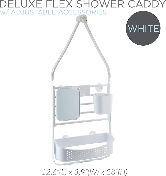 Bath Bliss Deluxe Flex Adjustable Shower Caddy | 2 Hanging Options | Customizable Accessories | Bathroom Storage | White