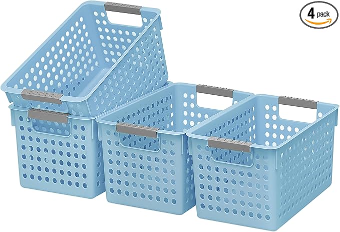 Soddeph 4 Pack Plastic Storage Basket with Handles, Small Deep Organizer Bin with Hollow Design for Under Counter, Shelf, Closet, Kitchen or Bathroom (Blue, Small)