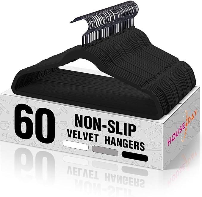 HOUSE DAY Black Velvet Hangers 60 Pack, Non Slip Felt Hanger, Slim Velvet Clothes Hangers for Suits, Shirt, Heavy Duty Coat Hanger for Closet