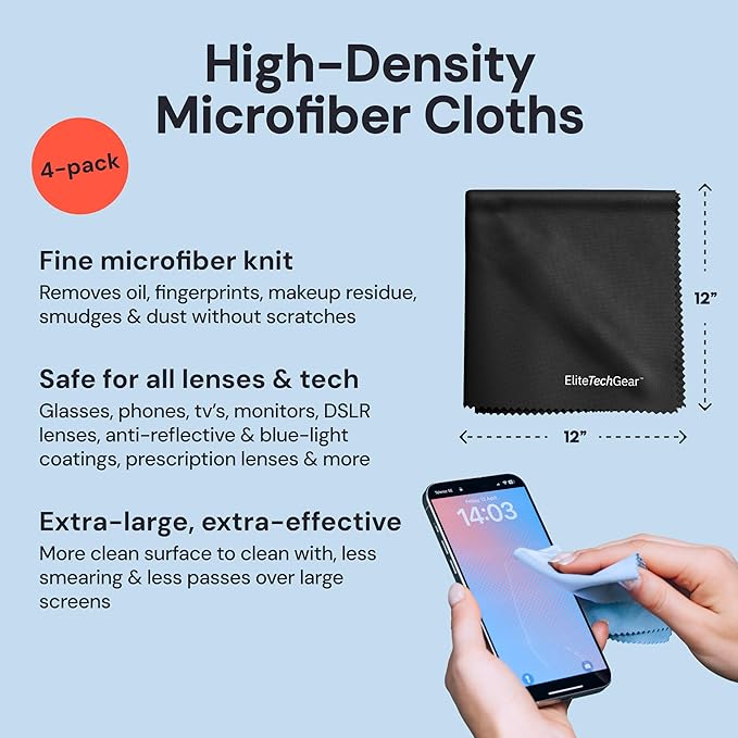 Elite Screens Oversized Microfiber Eye Glass Clean Cloths - 12" x 12", 4-Pack, Black - Streak-Free Lens Wipes - Portable Eye Glasses Cleaner Wipes