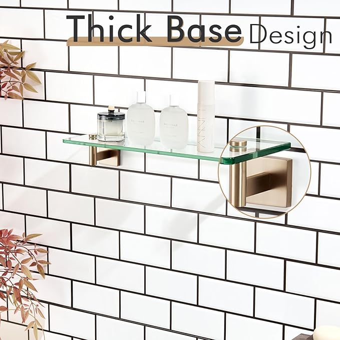 KOKOSIRI Wall Shelves Bathroom Hardware Tempered Glass Floating Shelf Hanging Rack Storage/Room Decor 20-Inch Champagne Bronze 2 Pack B1105CPG-L20-P2