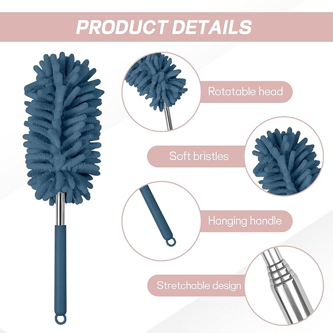 2PCS Car Interior Duster with Extension Pole, Soft Chenille Microfiber Duster for Cleaning, Scratch Free & Lint-Free, Washable Cleaning Brushes for Vehicle Details, Home, Office (Blue)