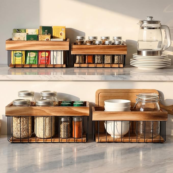 4 Pack Metal Wire Storage Basket, Multiple Sizes Basket with Handles Wooden Top and Bottom Containers Organizer Rustic Farmhouse Decor for Kitchen Cabinets, Bathroom, Pantry, Laundry Room
