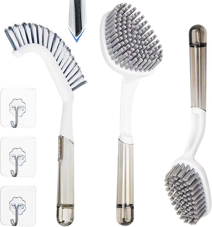 3 Pack Shower Scrub Brush Set – Heavy-Duty Scrub Brushes for Cleaning with Long Handle, Stiff Bristles Grout Brush, Shower Scrubber for Bathroom, Bathtub, Kitchen, Tile, Floor, Grout, Sink & Carpet