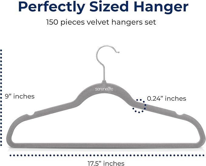 SereneLife 150 Pack Velvet Hangers - Non-Slip with 360° Swivel Hook - Ultra-Thin, Lightweight, Space-Saving, Felt Hangers for Shirts, Sweaters, Hoodies, Kids Clothes & Dresses