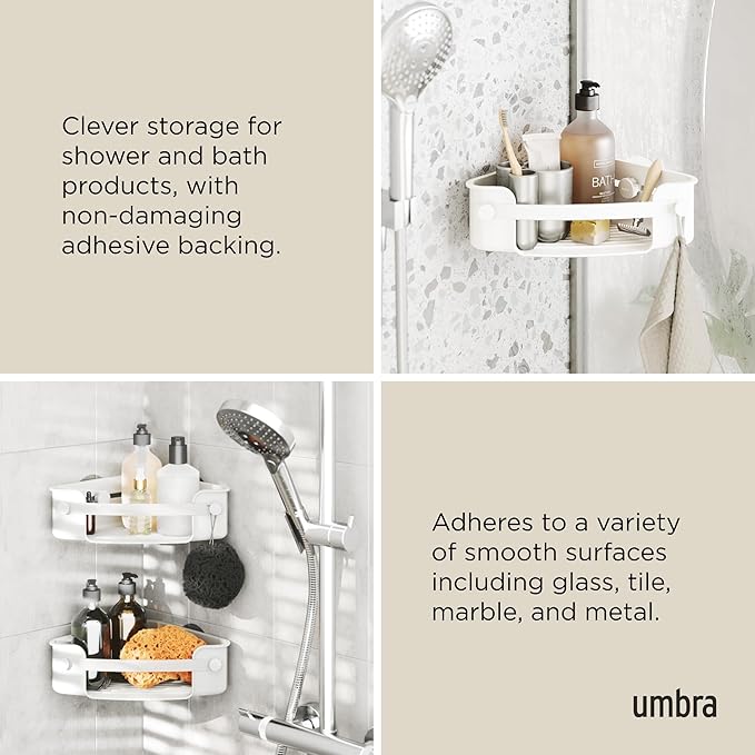 Umbra Flex Adhesive Shower Corner Shelf for Bathroom, White