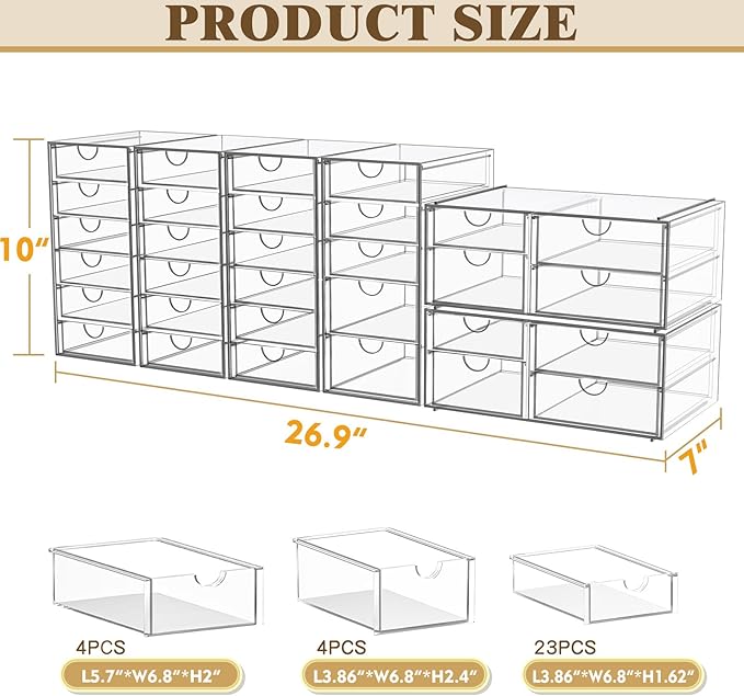 Acrylic Makeup Organizer with 31 Drawers, 6 Pack Clear Storage Drawers, Bathroom Makeup Organizer for Palettes, Cosmetic, and Beauty Supplies,Ideal for Vanity, Cabinet,Desk Organization