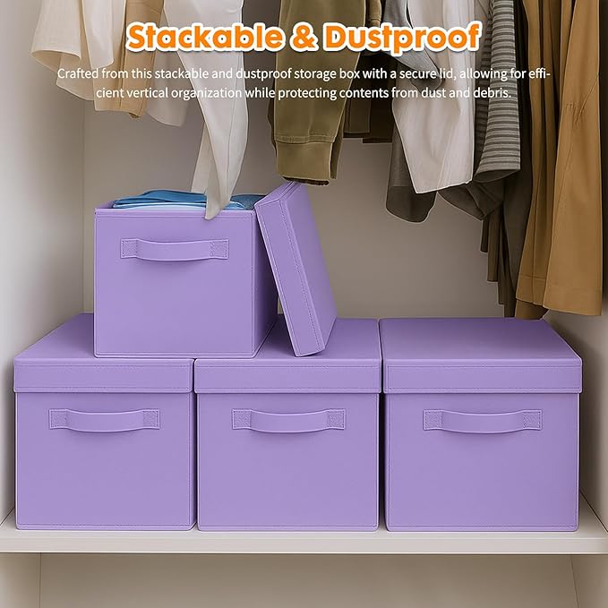 ShellKingdom Storage Bins, Foldable Fabric Storage Cubes with Lid, Clothes Storage Organizer Drawer For Closet Toys Storage, 10.5 X 10.5 X 11 INCH, 2 Pack (Lavender)