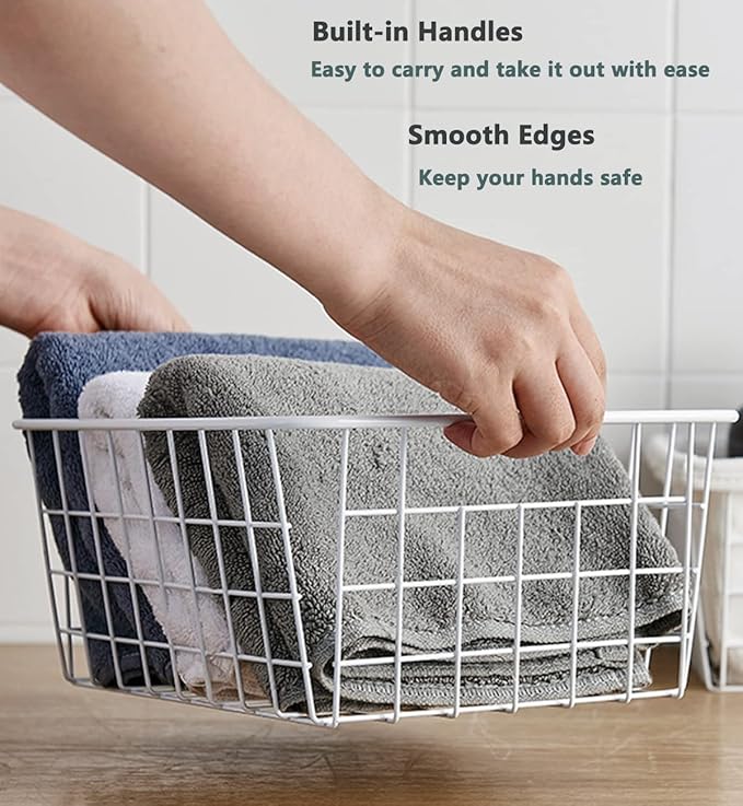 4 Pack White Wire Baskets for Organizing Office Wire Storage Basket White Metal Storage Baskets for Pantry Kitchen Bins Freezer