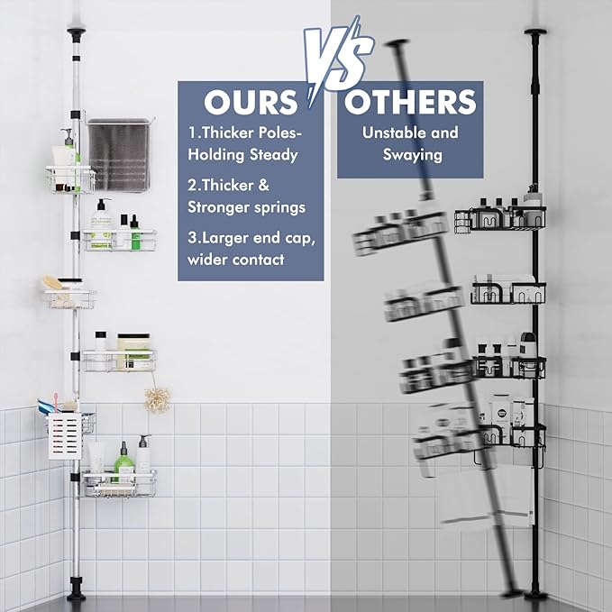 Shower Caddy Corner Tension Pole, Stainless Steel Rustproof 6 Shelves Bathroom Organizer with Towel Bar & Toothbrush Holder, Adjustable Shower Shelf for Renters - Family Stand Storage Rack