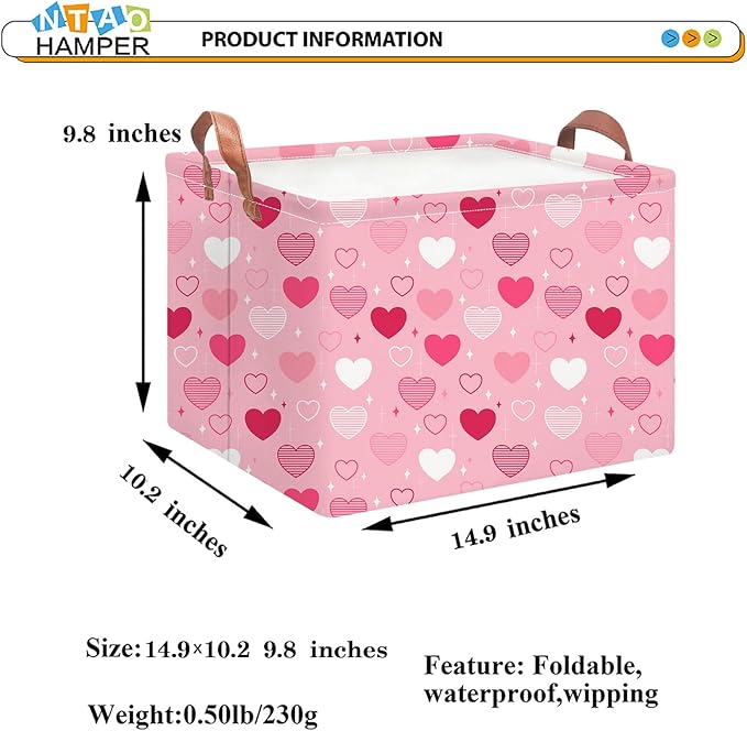 Rectangular Storage Basket Empty,Collapsible Gift Basket with Handles,Heart Print Basket, Books Box,Room Decor(Love You Heart)