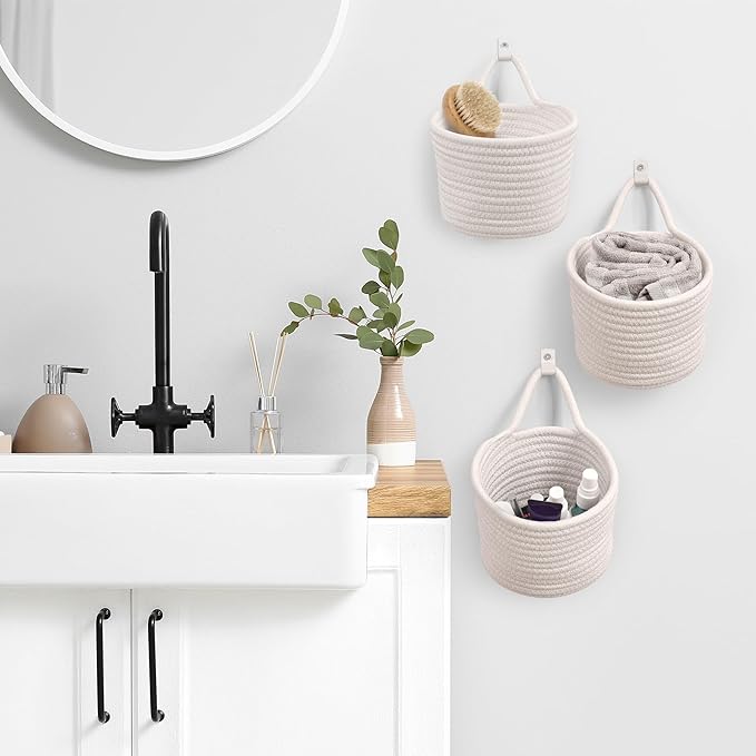Fabric Wall Hanging Baskets - 3Pack Woven Pouchs Boho Style Wall Mounted Bag with Adhesive Hooks, Storage Organizers and Decoration Pocket Caddy Bins on Door Rack (White & White, Large)