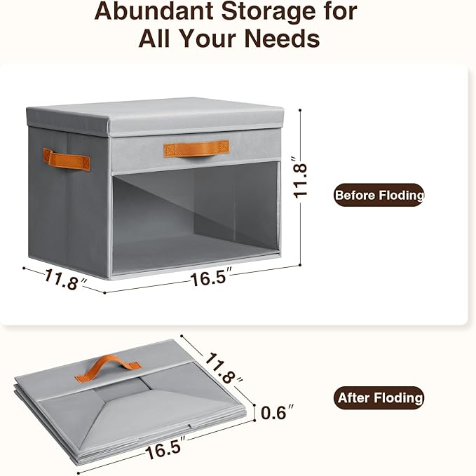 Large Storage Bins with Lids - 4 Pack Foldable Decorative Organizers with Clear Windows & Handles, Cube Storage Organizers for Clothes, Blankets, Sweaters, Sheets, Grey