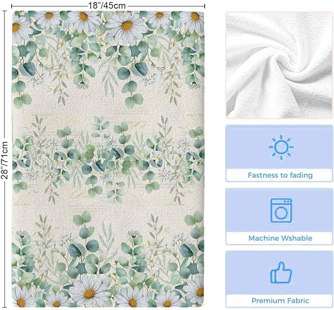 Kitchen Towels Set of 4, Green Eucalyptus Leaves Soft Microfiber Dish Towels, Daisy Summer Botanical Farmhouse Absorbent Quick-Dry Washable Dishcloths for Kitchen Cleaning, Drying Dishes, 18x28 Inches