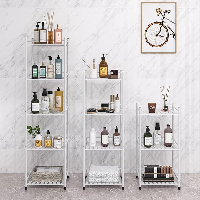 3 Tier Bathroom Storage Open Shelf Unit, Free-Standing Metal Corner Rack Shelving for Kitchen, Living Room, Hallway (Matte White, 3 Tier)