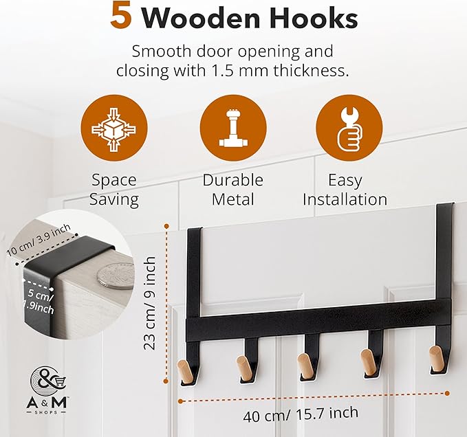A&M Shops Over The Door Hanger - Heavy Duty Metal Door Hanger with Lotus Wood Tip for Bathroom & Bedroom - Coat Rack Organizer with 5 Stylish Towel Hooks for Door, Clothes & Bags - Black - Pack of 2