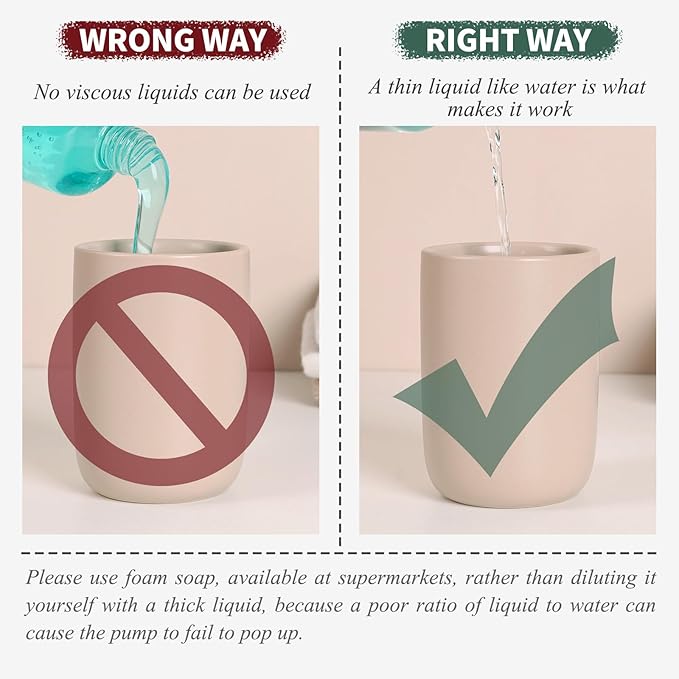 BosilunLife Foaming Soap Dispenser Set - Khaki Ceramic Foam Hand Dispenser 12oz Soap Dispenser Set with Rust Proof Pump, 4Pcs Clear Stickers for Kitchen, Bathroom - 2 Pack