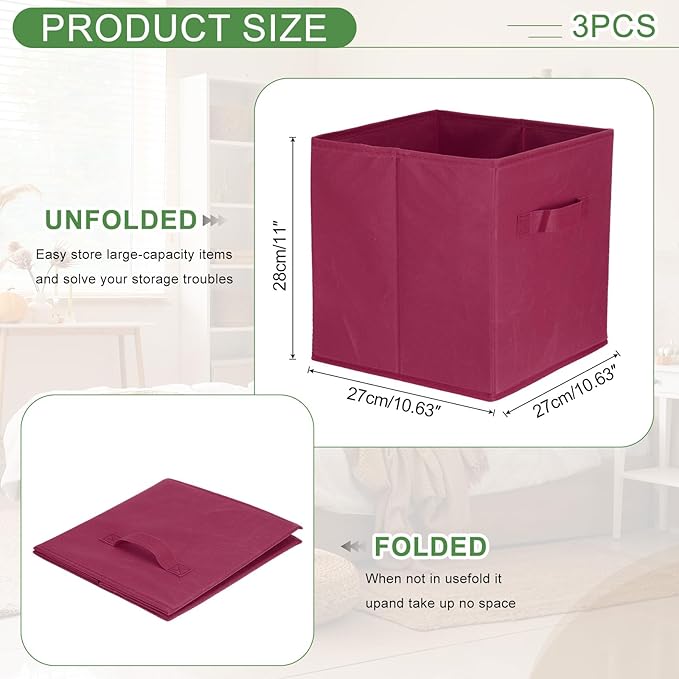 uxcell 3Pcs Fabric Storage Bins, 11 Inch Cube Storage Bin Foldable Storage Cube Organizer Bins with Handles for Shelf Closet, Nursery Home, Bedroom(Wine Red)