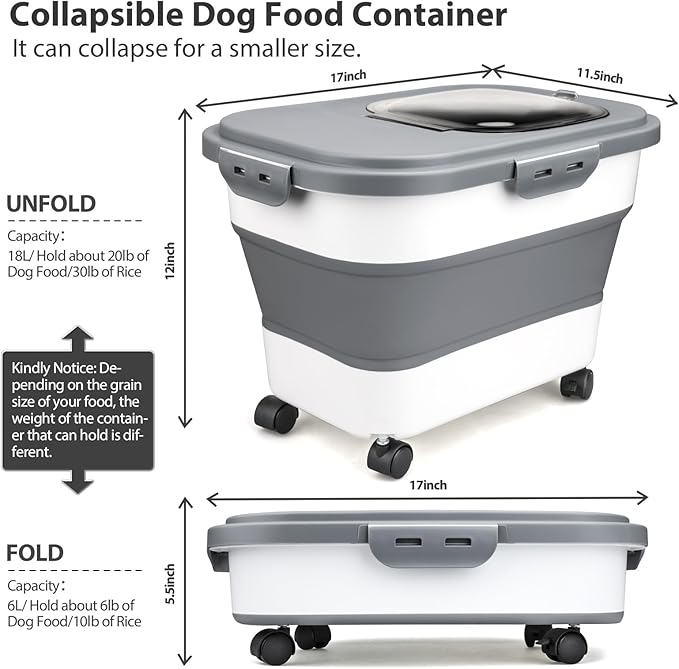 Dog Food Storage Container, 10-20Lbs Collapsible Pet Food Storage Containers with Rolling Wheel Airtight Locking Lid, Dry Food Storage Bin with Cup and Scoop,Suitable for Pet Food, Rice, Flour