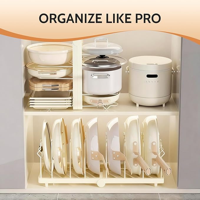 CEHNCEH Pots and Pans Organizer under Cabinet for Cabinet and Countertop Longest 28.5 in Foldable Adjustable 8-Tier Pan Organizer Rack Perfect to Store Pots, Kitchen Cabinet Organizer (White)