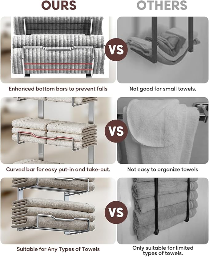 Hanging Towel Racks for Bathroom No Drill - Over The Door 8-Tier Bath Towel Storage Organizer for Small Bathrooms - Back Door Large Tiered Towel Holder Hanger for Rolled Towels RV Camper Silver