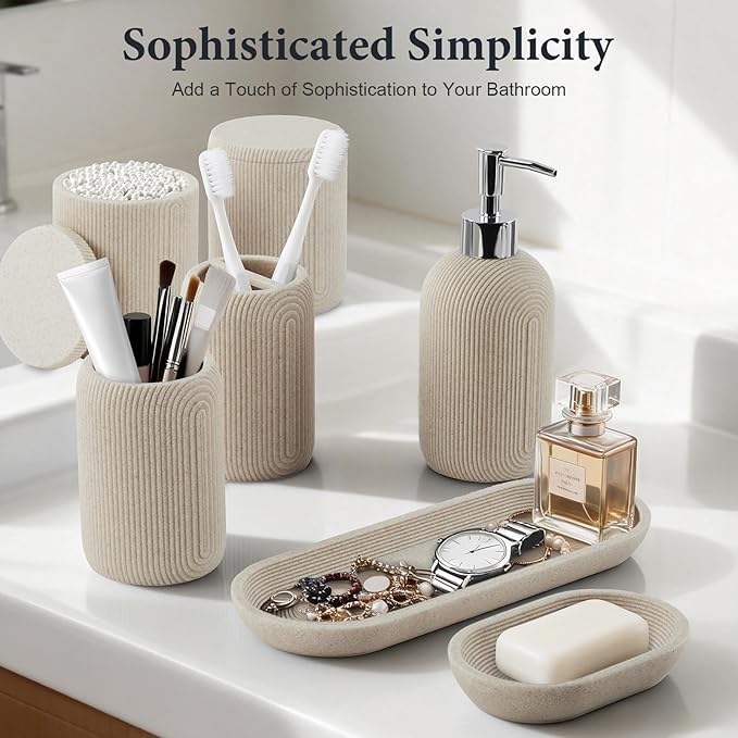 Bathroom Accessories Set - 7-Piece Resin Bathroom Set, Toothbrush Holders Set, Soap Dispenser, Qtip Holder Dispenser, Tumbler, Soap Dish & Tray, Modern Bath Decor for Home Dorm Hotel (Beige)