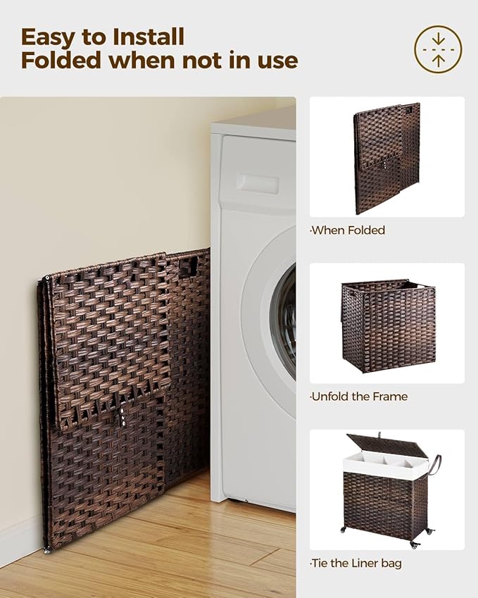 GREENSTELL Laundry Hamper with Wheels&Lid, 130L Large 3 Sections Clothes Hamper with 2 Types Removable Liner Bags, 5 Mesh Laundry Bags, Handwoven Divided Laundry Basket Brown